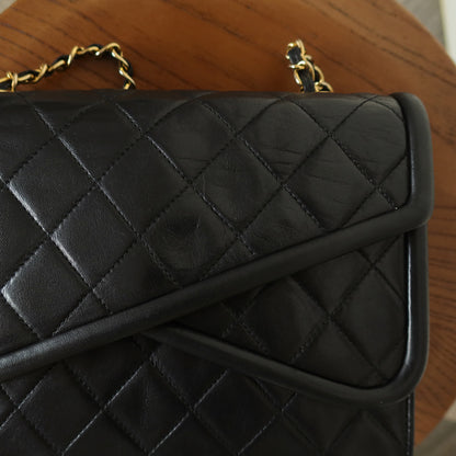 Chanel Vintage Black Lambskin 24k gold plated Tassel Asymmetrical Double Flap Bag M