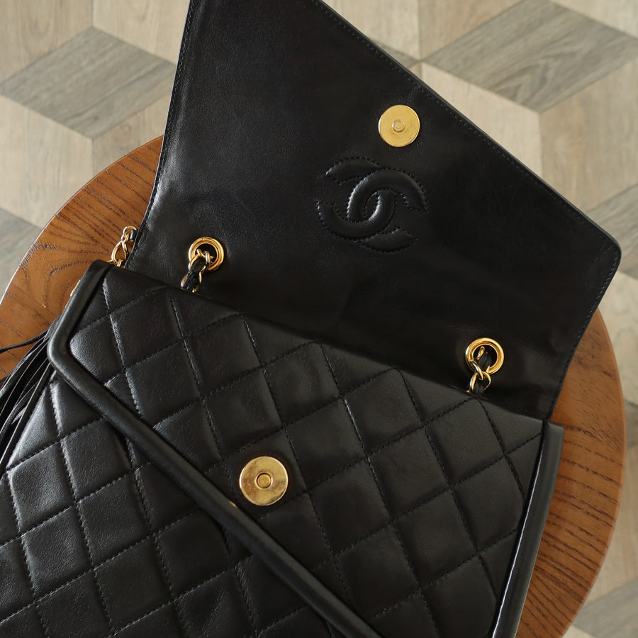 Chanel Vintage Black Lambskin 24k gold plated Tassel Asymmetrical Double Flap Bag M