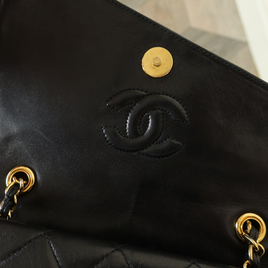 Chanel Vintage Black Lambskin 24k gold plated Tassel Asymmetrical Double Flap Bag M