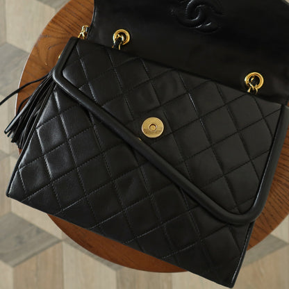 Chanel Vintage Black Lambskin 24k gold plated Tassel Asymmetrical Double Flap Bag M