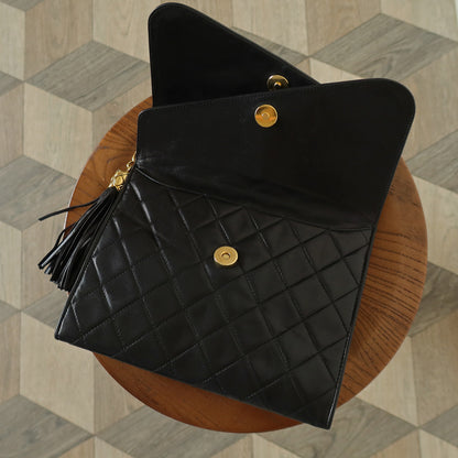 Chanel Vintage Black Lambskin 24k gold plated Tassel Asymmetrical Double Flap Bag M