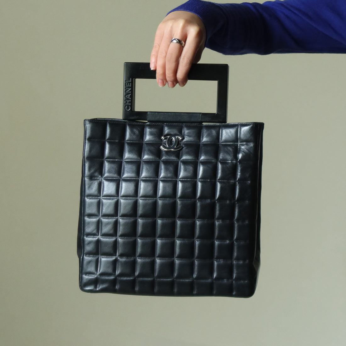 Rare Chanel Vintage Black Lambskin Quilted Chocolate Bar CC Mark Top Handle Bag