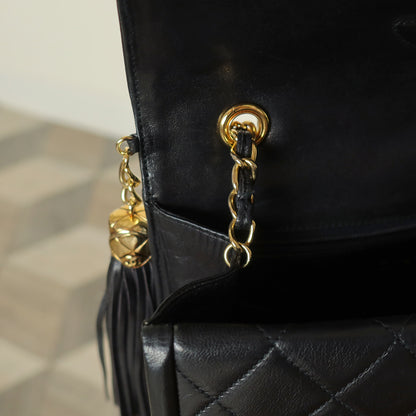 Chanel Vintage Black Lambskin 24k gold plated Tassel Asymmetrical Double Flap Bag M