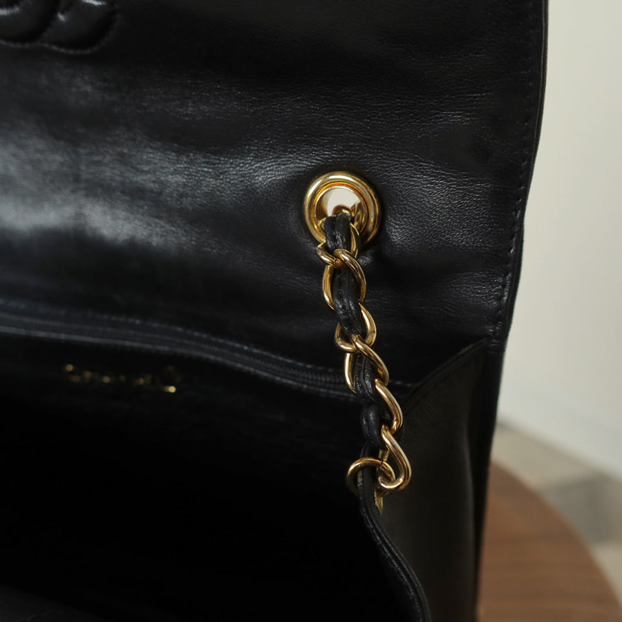 Chanel Vintage Black Lambskin 24k gold plated Tassel Asymmetrical Double Flap Bag M