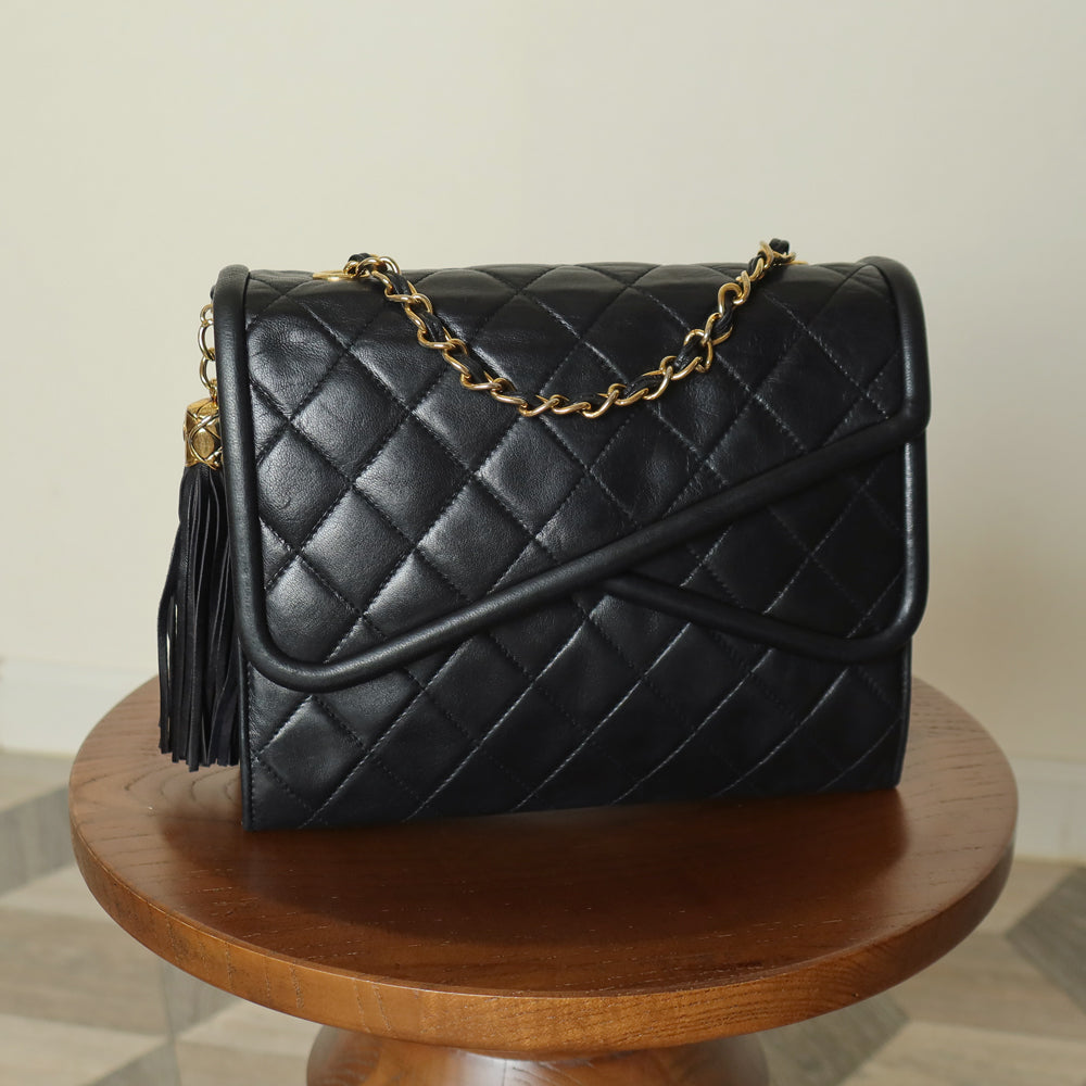 Chanel Vintage Black Lambskin 24k gold plated Tassel Asymmetrical Double Flap Bag M