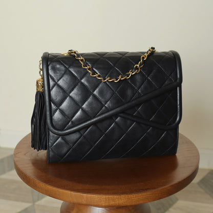 Chanel Vintage Black Lambskin 24k gold plated Tassel Asymmetrical Double Flap Bag M