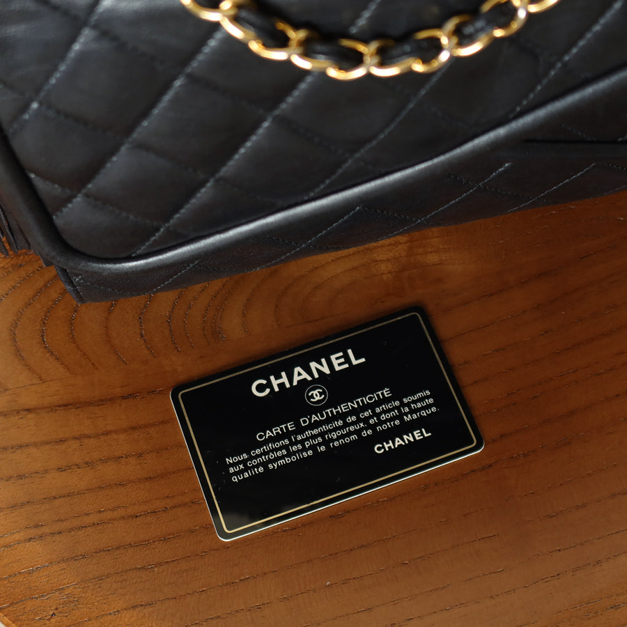 Chanel Vintage Black Lambskin 24k gold plated Tassel Asymmetrical Double Flap Bag M