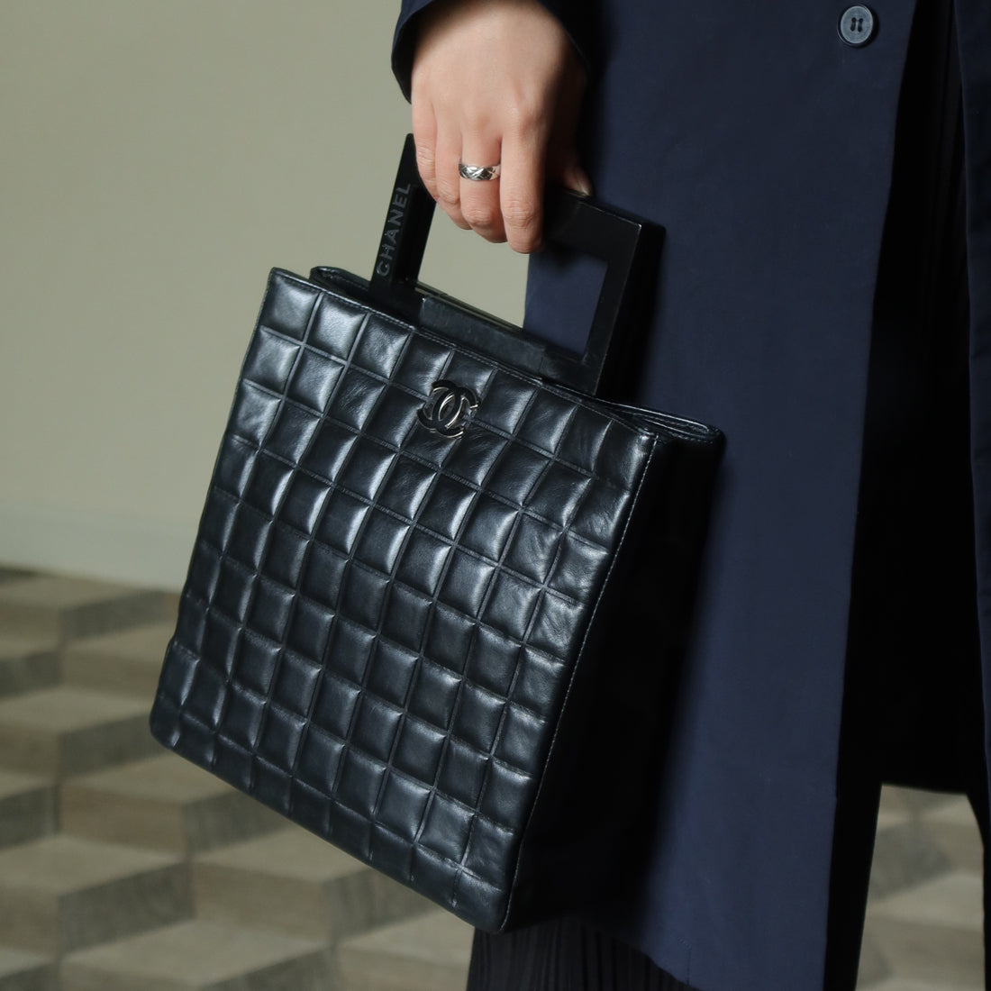 Rare Chanel Vintage Black Lambskin Quilted Chocolate Bar CC Mark Top Handle Bag