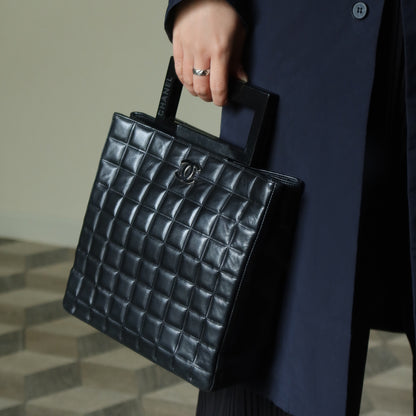 Rare Chanel Vintage Black Lambskin Quilted Chocolate Bar CC Mark Top Handle Bag