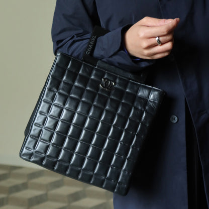 Rare Chanel Vintage Black Lambskin Quilted Chocolate Bar CC Mark Top Handle Bag
