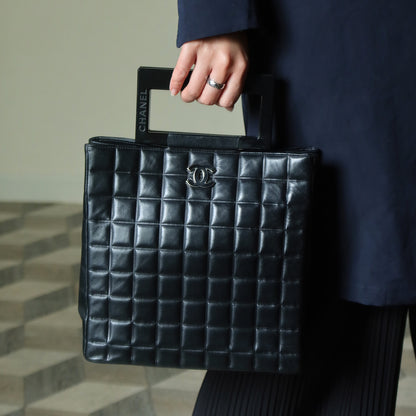 Rare Chanel Vintage Black Lambskin Quilted Chocolate Bar CC Mark Top Handle Bag