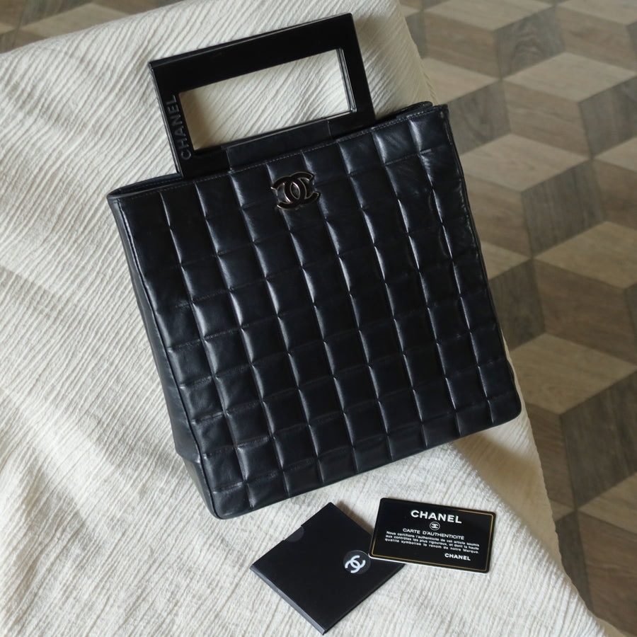 Rare Chanel Vintage Black Lambskin Quilted Chocolate Bar CC Mark Top Handle Bag