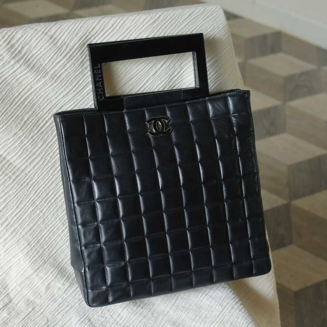 Rare Chanel Vintage Black Lambskin Quilted Chocolate Bar CC Mark Top Handle Bag