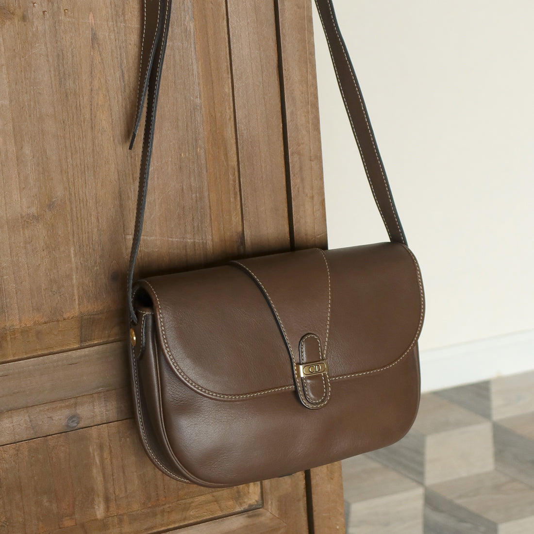 Christian Dior Vintage Brown Leather CD Logo Flap Crossbody bag