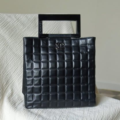 Rare Chanel Vintage Black Lambskin Quilted Chocolate Bar CC Mark Top Handle Bag