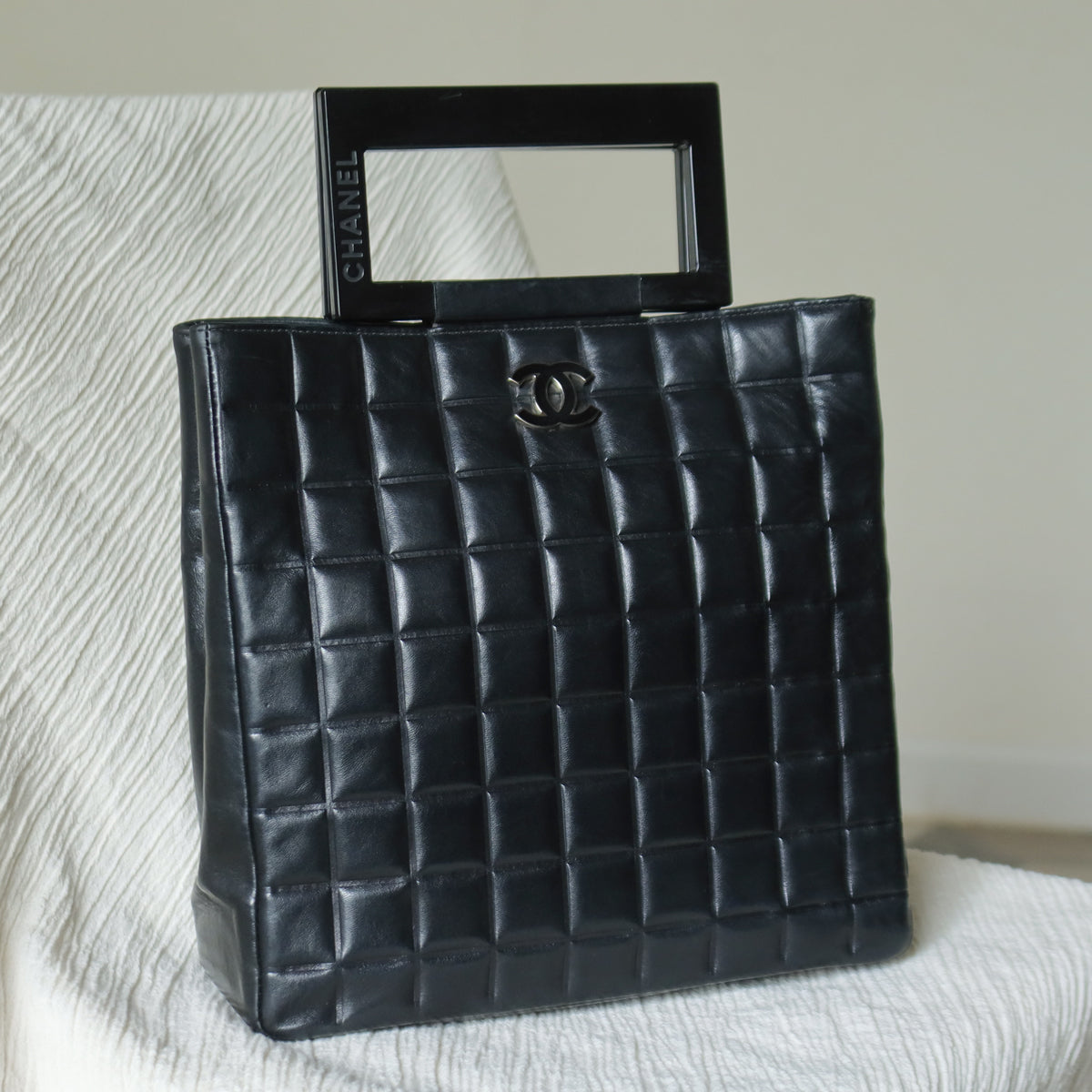 Rare Chanel Vintage Black Lambskin Quilted Chocolate Bar CC Mark Top Handle Bag