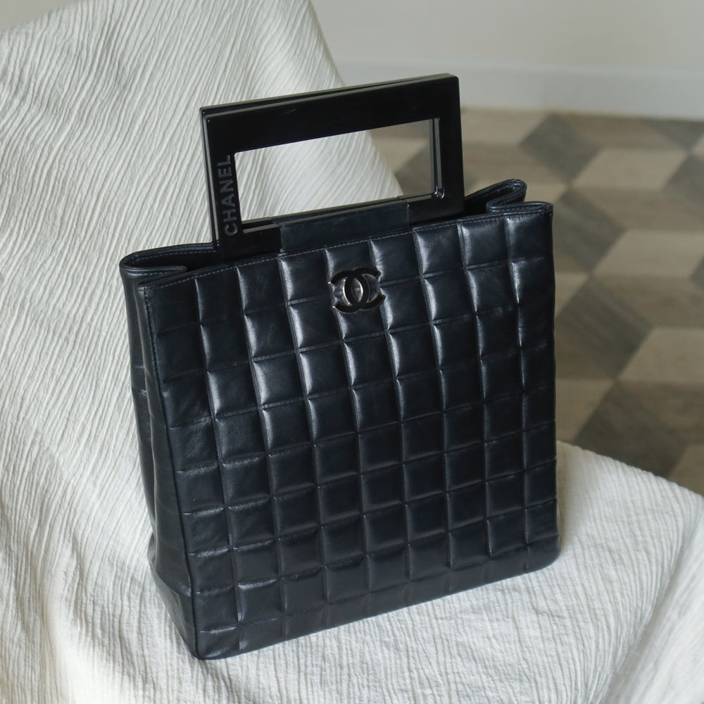 Rare Chanel Vintage Black Lambskin Quilted Chocolate Bar CC Mark Top Handle Bag