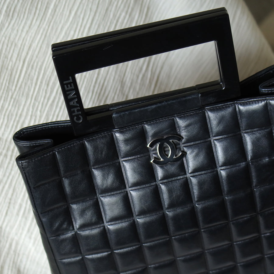 Rare Chanel Vintage Black Lambskin Quilted Chocolate Bar CC Mark Top Handle Bag