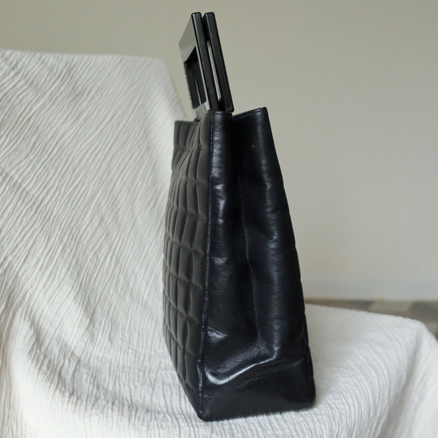 Rare Chanel Vintage Black Lambskin Quilted Chocolate Bar CC Mark Top Handle Bag