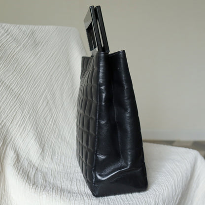 Rare Chanel Vintage Black Lambskin Quilted Chocolate Bar CC Mark Top Handle Bag