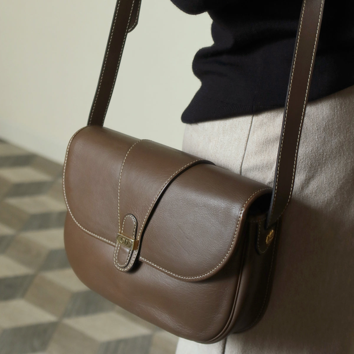 Christian Dior Vintage Brown Leather CD Logo Flap Crossbody bag