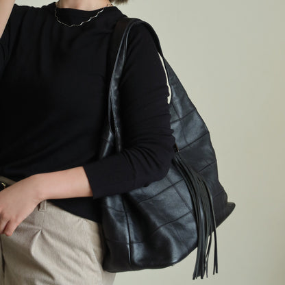 Chanel Vintage Black Square Stitching CC Tassel Hobo Tote Bag S