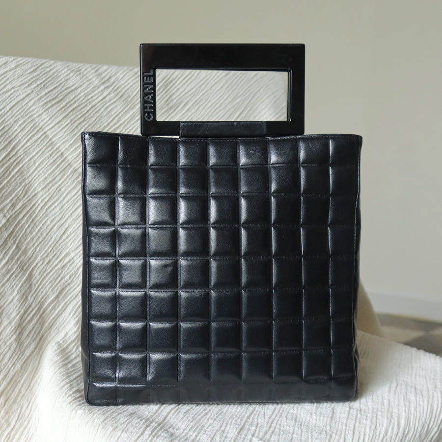 Rare Chanel Vintage Black Lambskin Quilted Chocolate Bar CC Mark Top Handle Bag