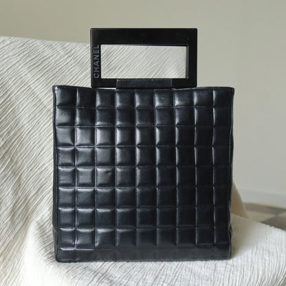 Rare Chanel Vintage Black Lambskin Quilted Chocolate Bar CC Mark Top Handle Bag