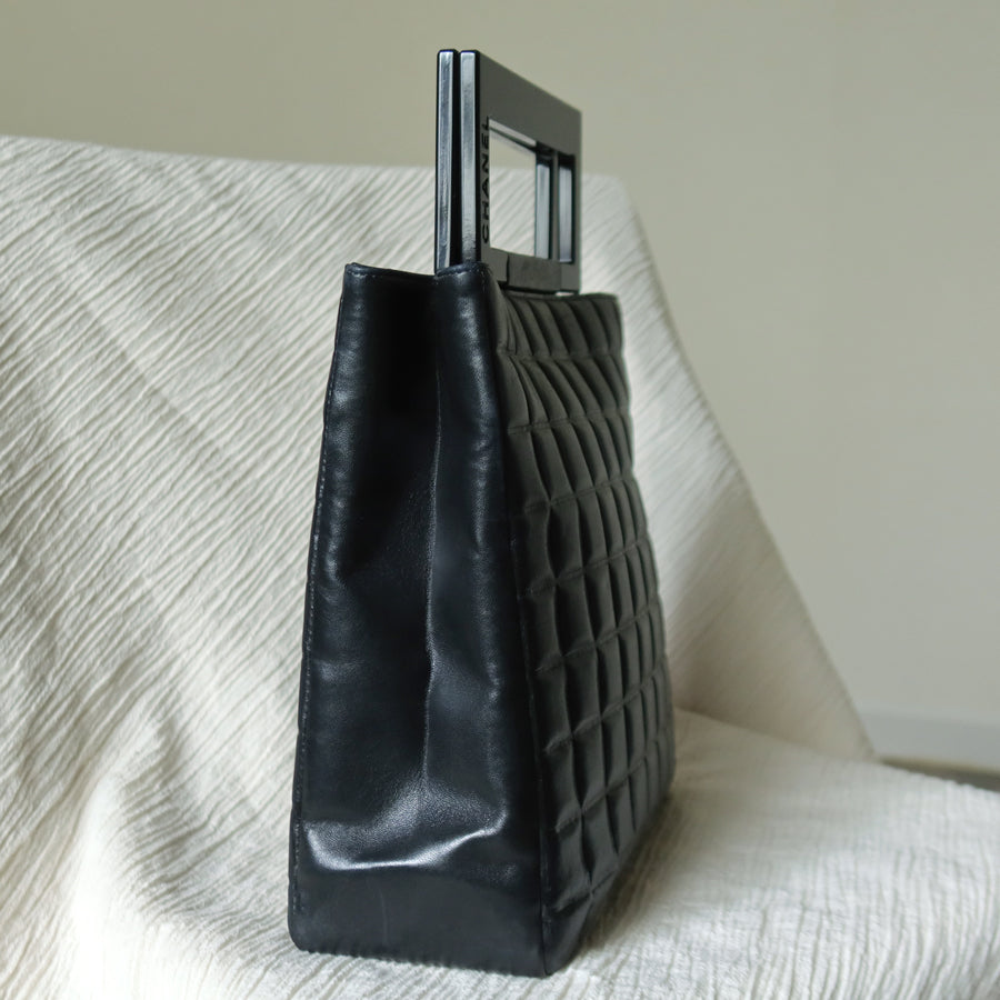 Rare Chanel Vintage Black Lambskin Quilted Chocolate Bar CC Mark Top Handle Bag