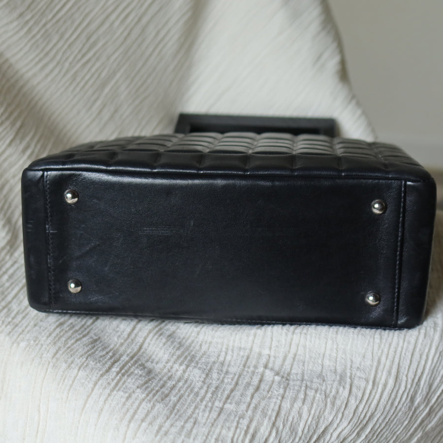 Rare Chanel Vintage Black Lambskin Quilted Chocolate Bar CC Mark Top Handle Bag