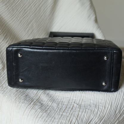 Rare Chanel Vintage Black Lambskin Quilted Chocolate Bar CC Mark Top Handle Bag