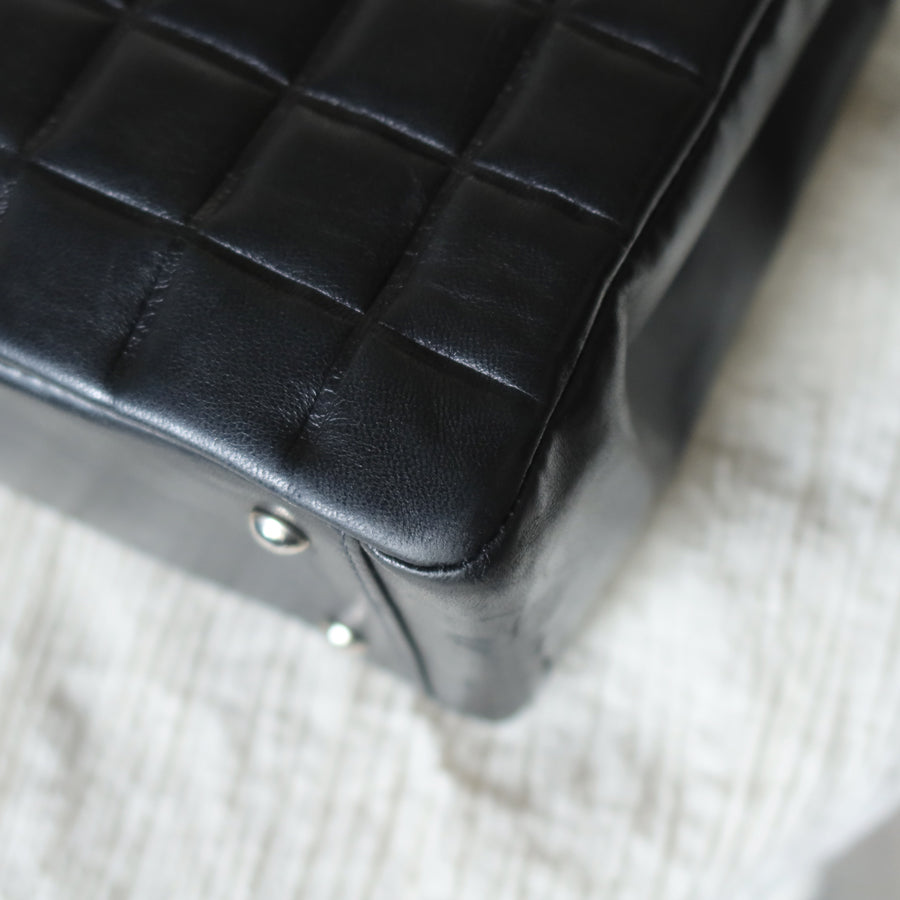 Rare Chanel Vintage Black Lambskin Quilted Chocolate Bar CC Mark Top Handle Bag