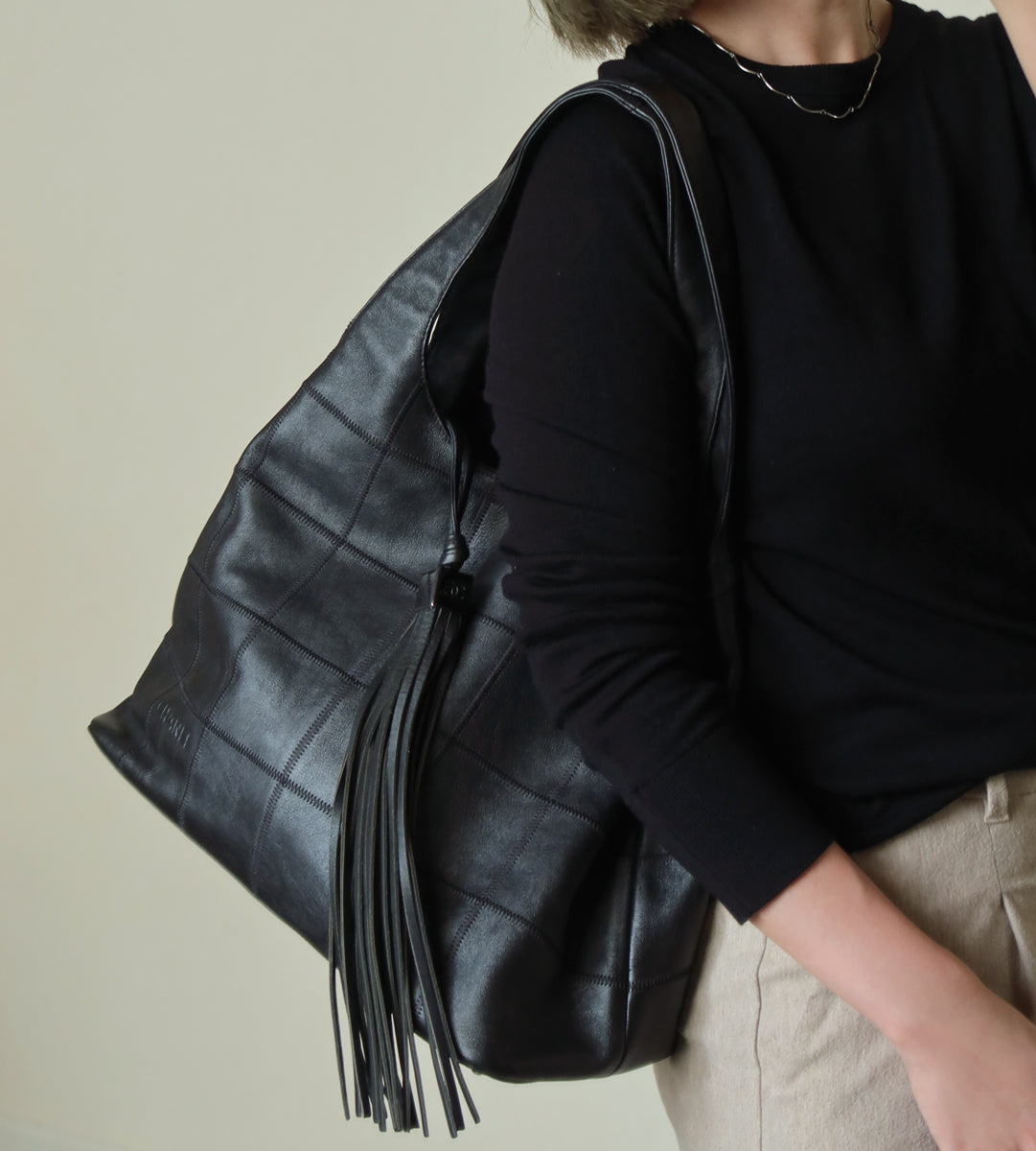 Chanel Vintage Black Square Stitching CC Tassel Hobo Tote Bag S