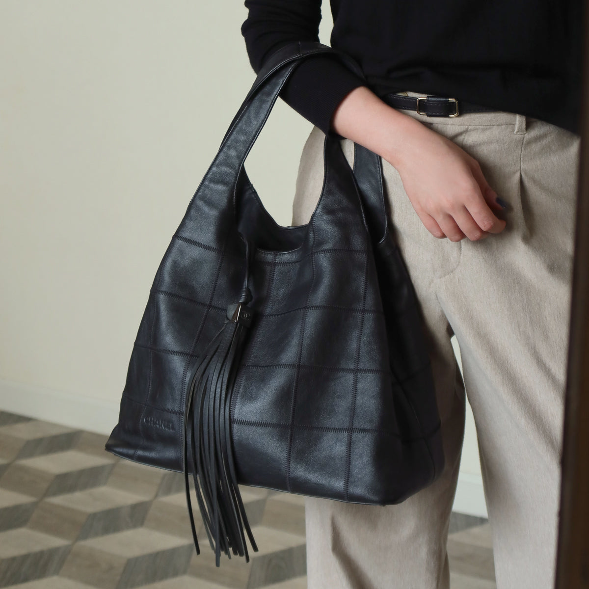 Chanel Vintage Black Square Stitching CC Tassel Hobo Tote Bag S
