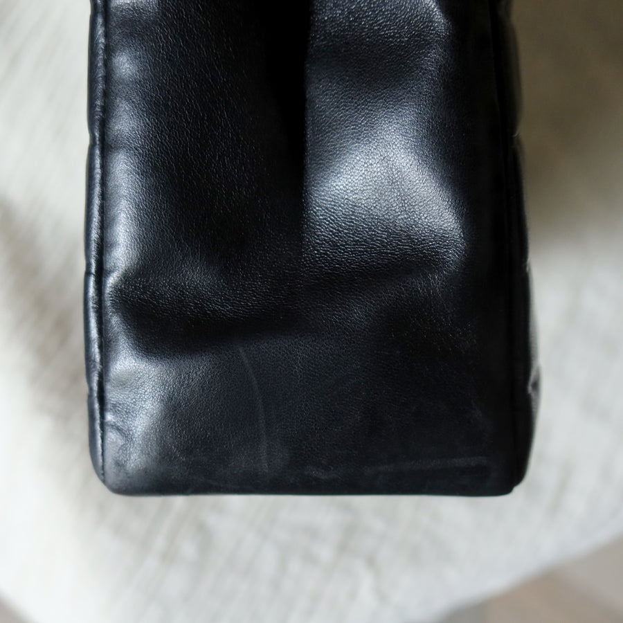 Rare Chanel Vintage Black Lambskin Quilted Chocolate Bar CC Mark Top Handle Bag