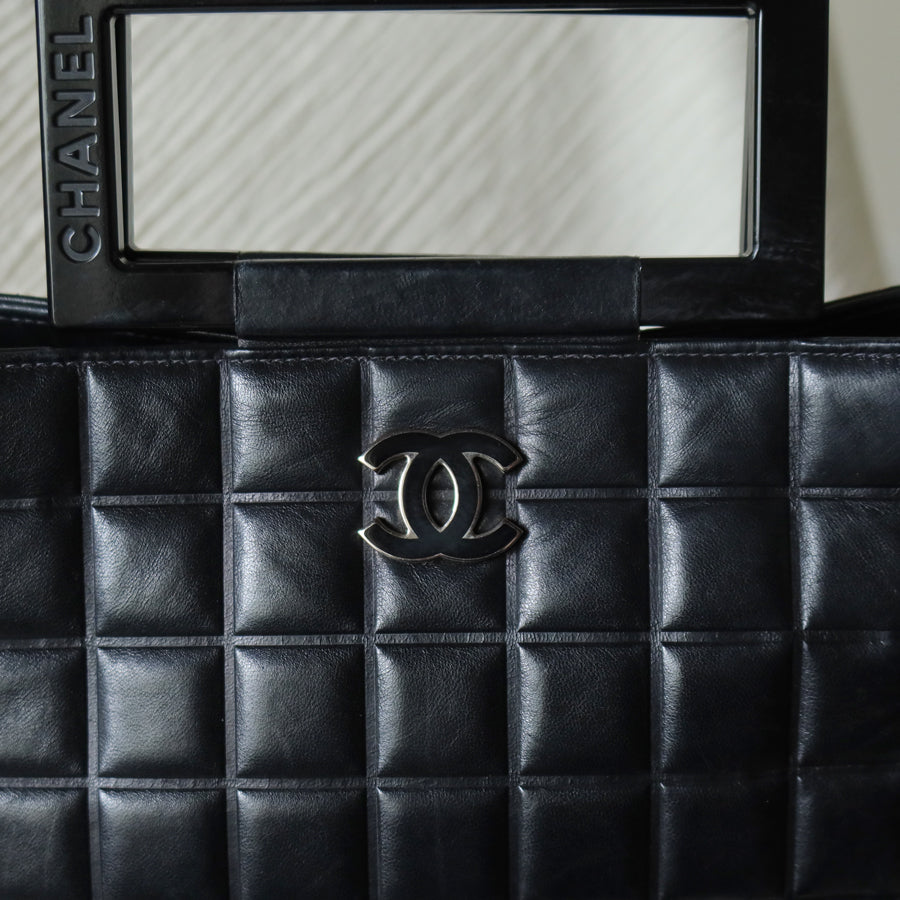 Rare Chanel Vintage Black Lambskin Quilted Chocolate Bar CC Mark Top Handle Bag