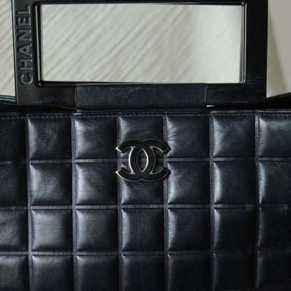 Rare Chanel Vintage Black Lambskin Quilted Chocolate Bar CC Mark Top Handle Bag