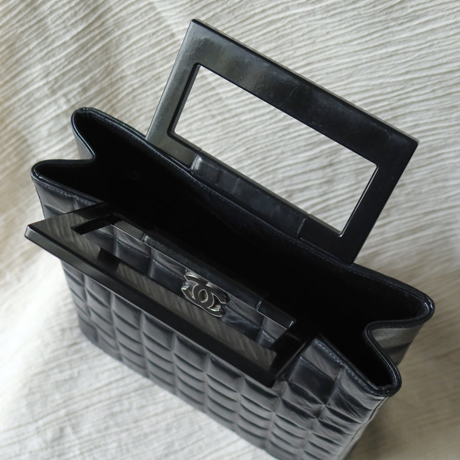 Rare Chanel Vintage Black Lambskin Quilted Chocolate Bar CC Mark Top Handle Bag