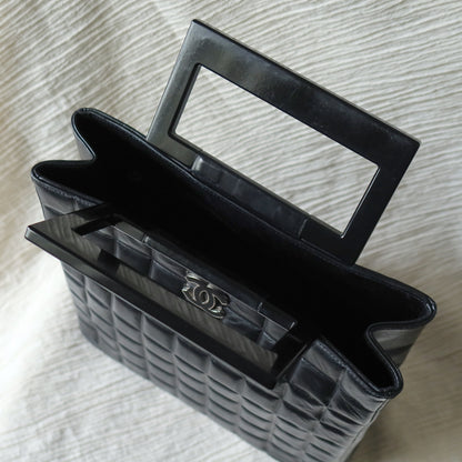 Rare Chanel Vintage Black Lambskin Quilted Chocolate Bar CC Mark Top Handle Bag