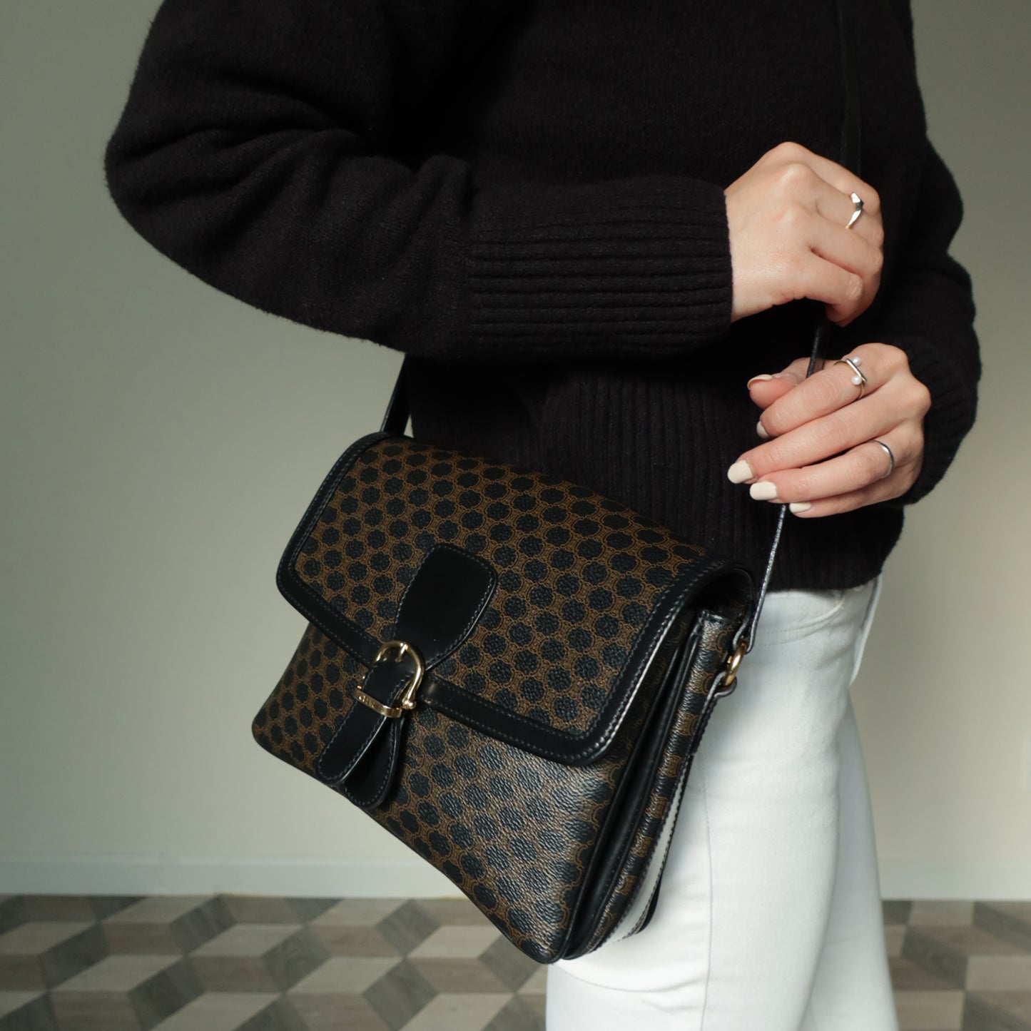 Celine Vintage Black Macadam Triomphe 2way Shoulder Bag
