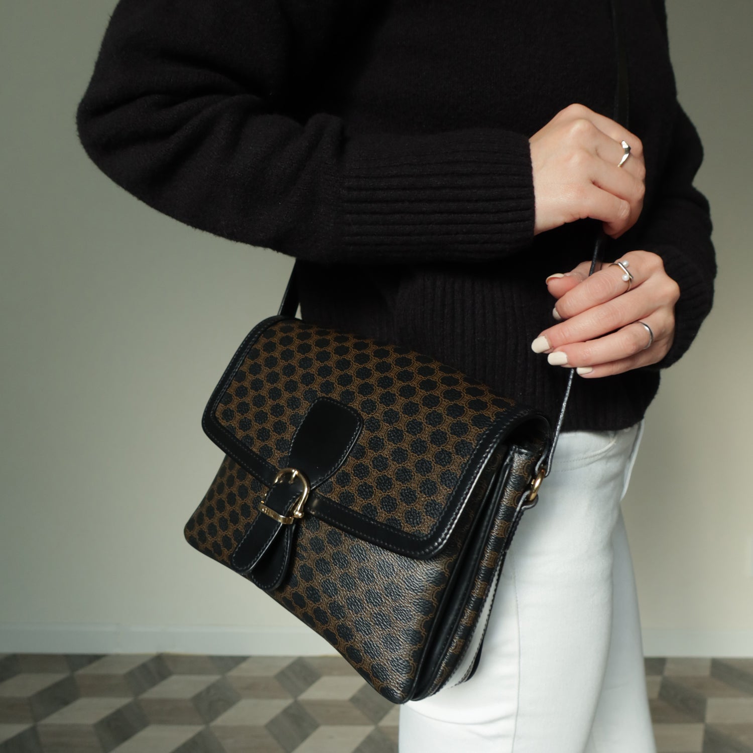 Celine Vintage Black Macadam Triomphe 2way Shoulder Bag