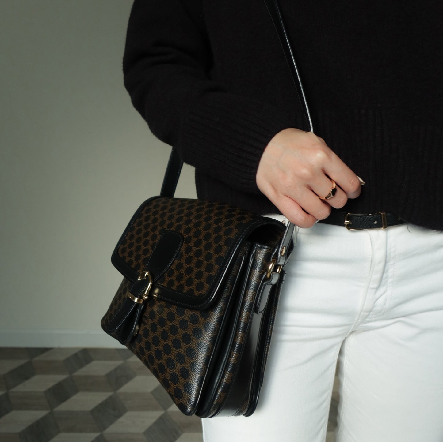 Celine Vintage Black Macadam Triomphe 2way Shoulder Bag
