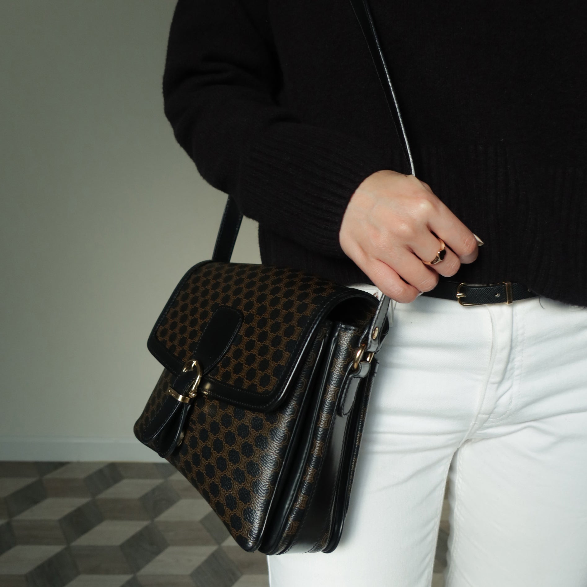 Celine Vintage Black Macadam Triomphe 2way Shoulder Bag