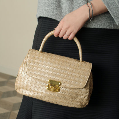 Vintage Bottega Veneta Shimmer Ivory Intrecciato Weave Top Handle Bag