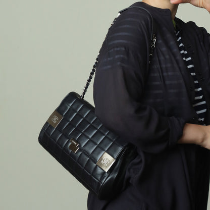 Chanel Vintage Black Lambskin Chocolate Bar Quilted Coco mark Shoulder Flap Bag