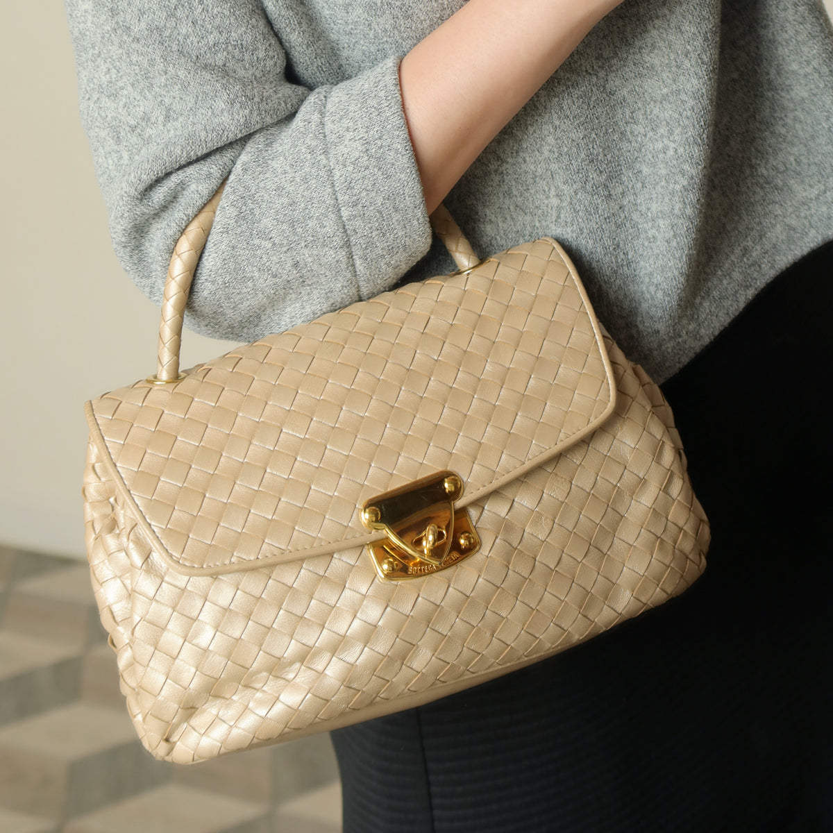 Vintage Bottega Veneta Shimmer Ivory Intrecciato Weave Top Handle Bag