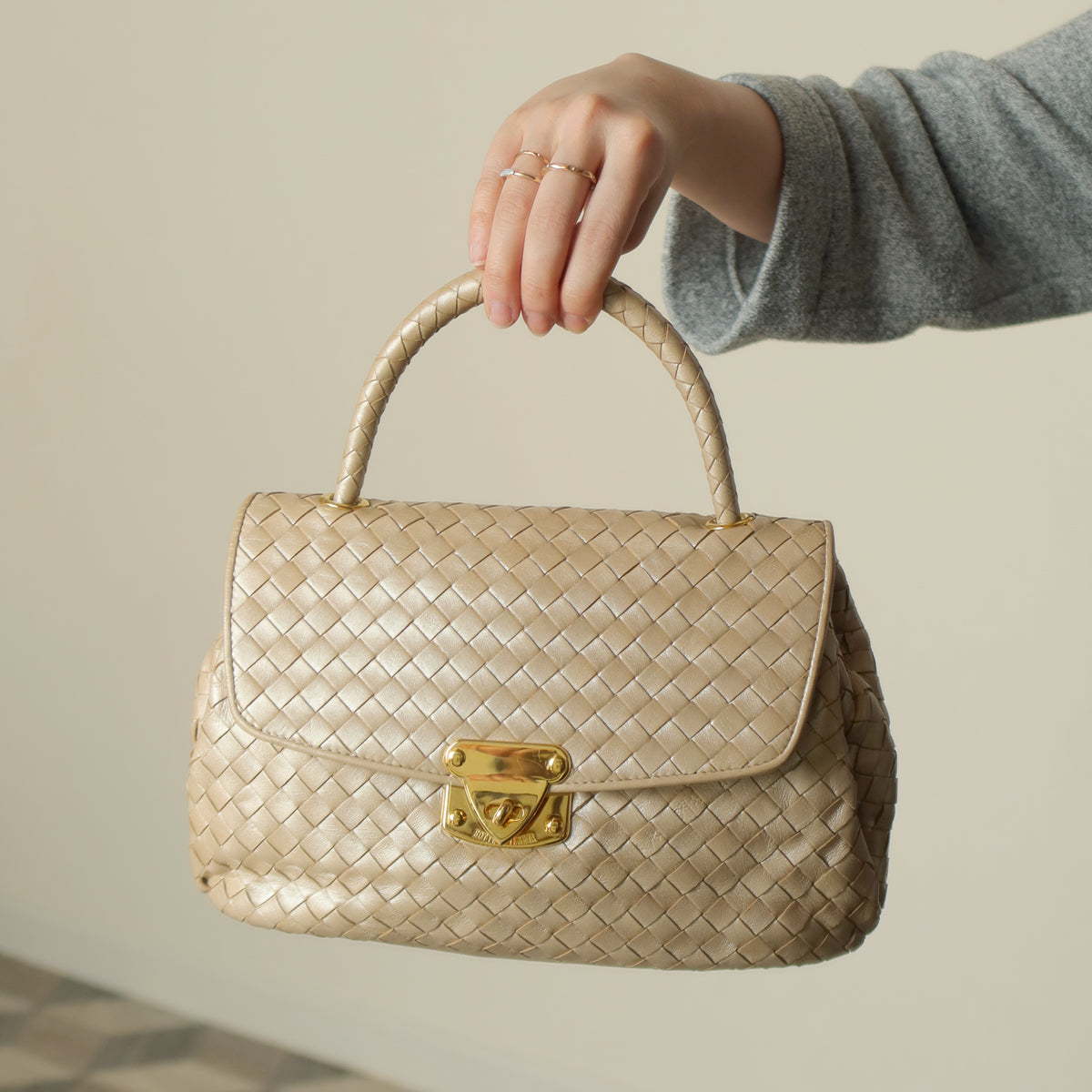 Vintage Bottega Veneta Shimmer Ivory Intrecciato Weave Top Handle Bag