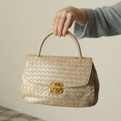 Vintage Bottega Veneta Shimmer Ivory Intrecciato Weave Top Handle Bag