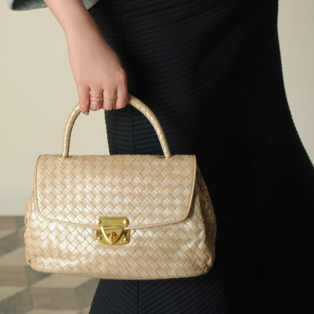 Vintage Bottega Veneta Shimmer Ivory Intrecciato Weave Top Handle Bag