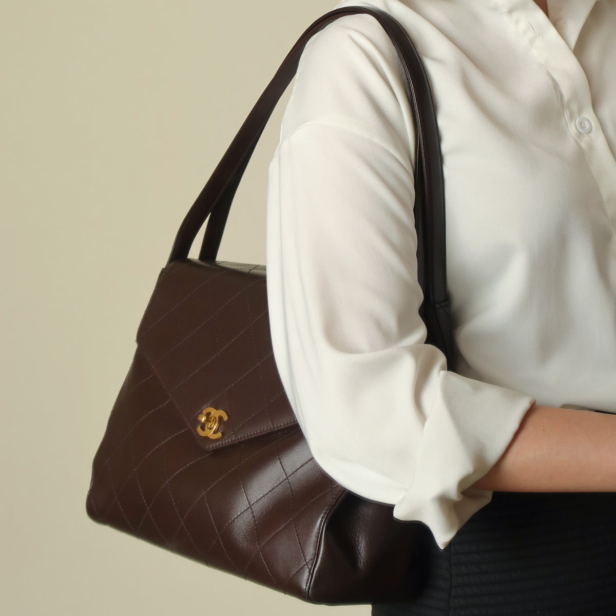 Vintage Chanel Dark Brown Matelassé Quilted CC turn lock Envelope Flap Bag